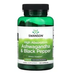 Swanson High Absorption Ashwagandha & Black Pepper, ashwagandha a černý pepř, 120 kapslí